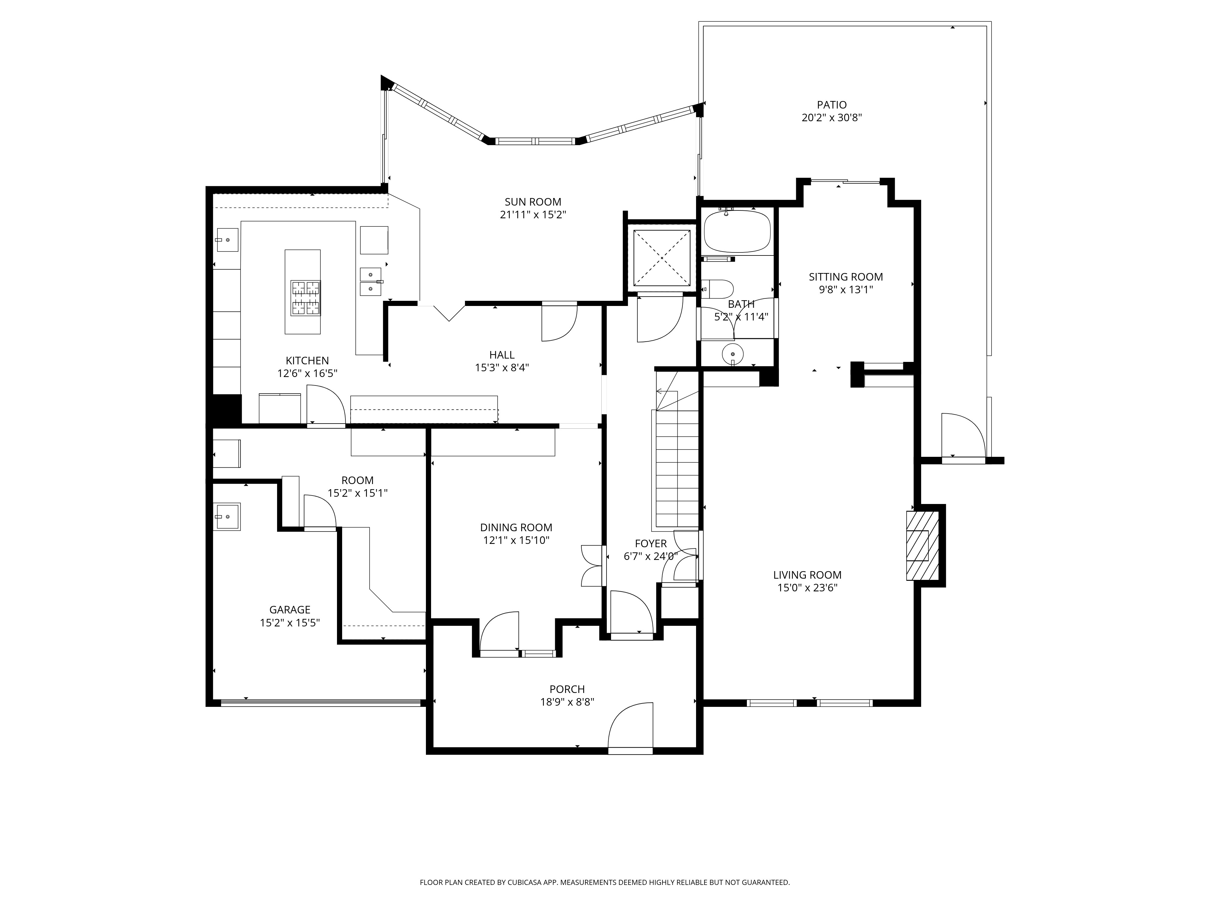 Upper level floor plan — living room, dining, kitchen, sun room, foyer, garage
